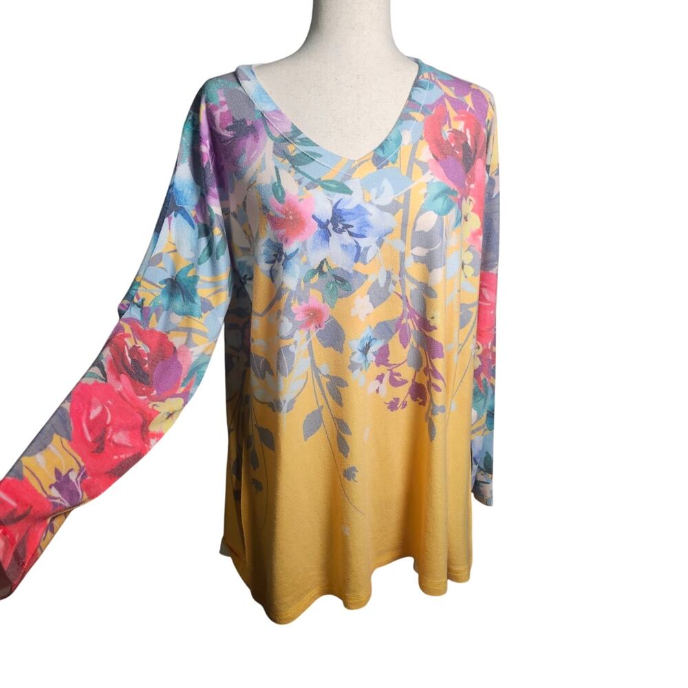Soft Surroundings Lightweight Floral Yellow V-neck Sweater Large